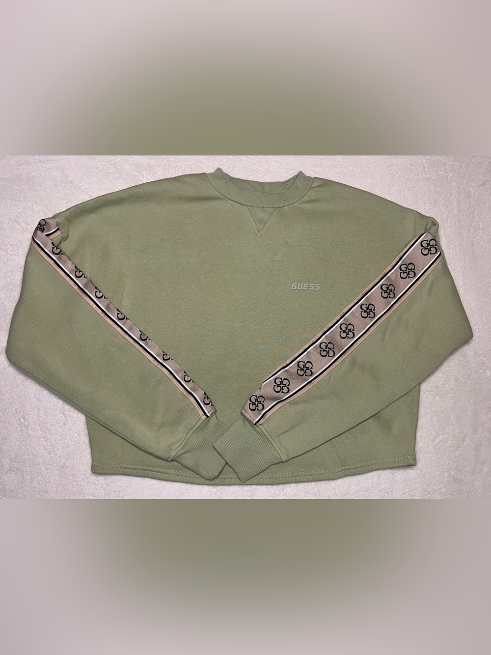 GUESS Sage Green Crewneck Sweatshirt with Logo Tape Sleeves